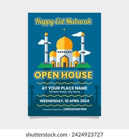 Eid Mubarak Flyer Poster for Open House with mosque illustration design template