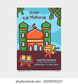 Eid Mubarak Flyer, Poster for Open House with mosque illustration design template