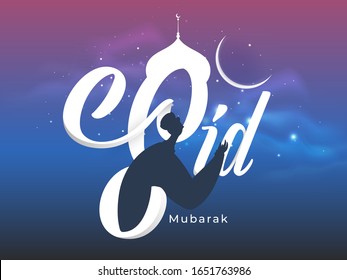Eid Mubarak Font with Crescent Moon and Silhouette Man Doing Prayer on Gradient Clouds Background.