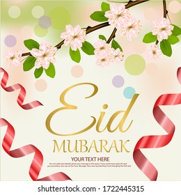 Eid Mubarak font design means happy ramadan with with beautiful flower background . vector illustration.