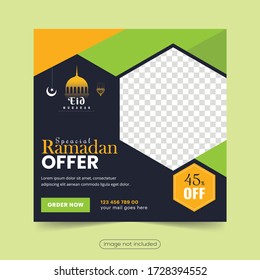 Eid Mubarak font design means happy ramadan with arabesque patterns and sketch mosque