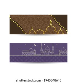 Eid Mubarak font design means happy ramadan with flat style mosque at the night. islamic background banner