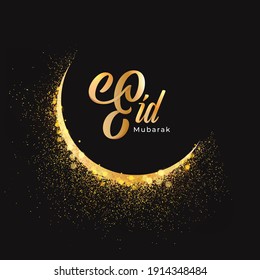 Eid Mubarak Font With Golden Sparkle Crescent Moon On Black Background.