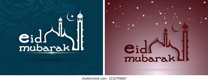 Eid Mubarak Font With Linear Mosque, Crescent Moon On Background In Two Color Options.