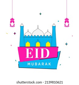 Eid Mubarak Font With Mosque Illustration, Lanterns Hang On White Background.