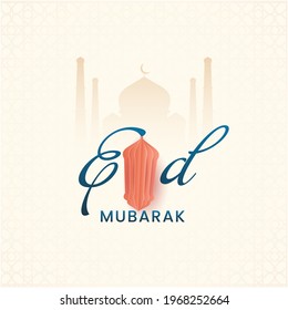 Eid Mubarak Font With Paper Lantern On Silhouette Mosque Islamic Pattern Background.
