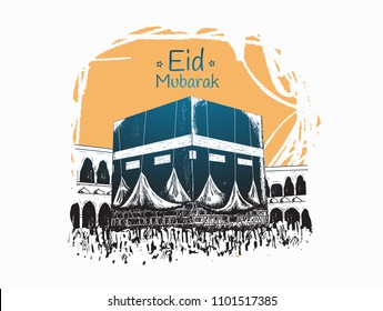 Eid Mubarak free hand drawing sketch of holy kaaba on orange brush. Vector illustration for ramadan poster, flyer, greeting card, banner and template