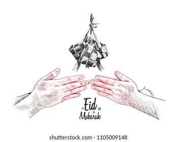 Eid Mubarak free hand drawing sketch of ketupat, hand forgive concept, white background. Vector illustration for ramadan poster, flyer, greeting card, banner and template