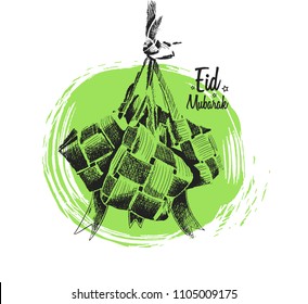 Eid Mubarak free hand drawing sketch of ketupat on green background. Vector illustration for ramadan poster, flyer, greeting card, banner and template