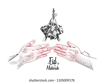 Eid Mubarak free hand drawing sketch of ketupat, hand forgive concept on white background. Vector illustration for ramadan poster, flyer, greeting card, banner and template
