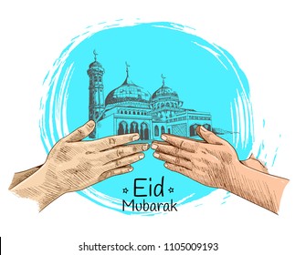 Eid Mubarak free hand drawing sketch of hand forgive concept, mosque on  blue background. Vector illustration for ramadan poster, flyer, greeting card, banner and template
