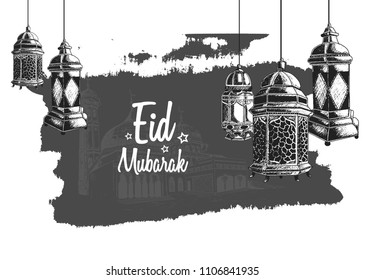 Eid Mubarak free hand drawing sketch of lanterns black brush backgrond. Vector illustration for ramadan poster, flyer, greeting card, banner and template