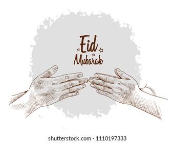 Eid Mubarak free hand drawing sketch of hand forgive concept soft grey brush background. Vector illustration for ramadan poster, flyer, greeting card, banner and template