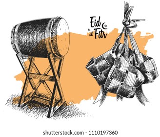 Eid Mubarak free hand drawing sketch of bedug and ketupat orange brush background. Vector illustration for ramadan poster, flyer, greeting card, banner and template