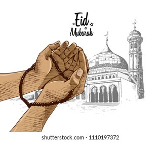Eid Mubarak free hand drawing sketch of colored hand praying with mosque for ramadan poster, flyer, greeting card, banner and template