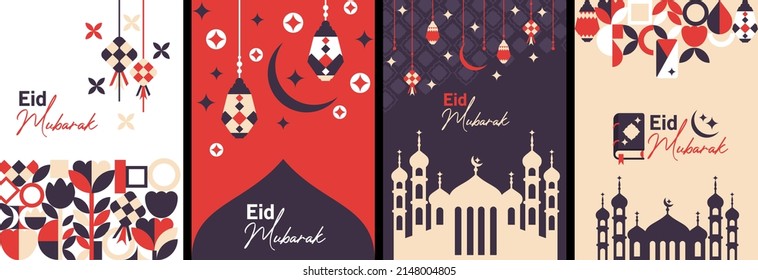Eid Mubarak geometric abstract poster template. Book cover and background element. Islamic vector illustration.