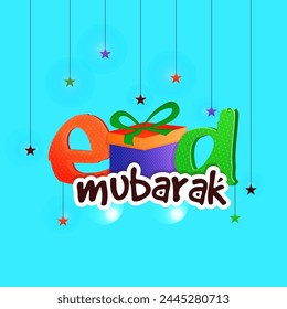 Eid Mubarak with Gift Box on colourful hanging stars decorated background, Elegant Greeting Card design for Muslim Community Festival celebration.