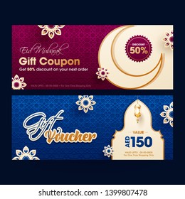 Eid Mubarak Gift Coupon Or Voucher Design With Differnt Discount Offer In Two Color Option.