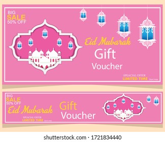 eid mubarak gift voucher design with beautiful mosque and lamp.Invitation or Gift Card Template for Muslim Community Festival
