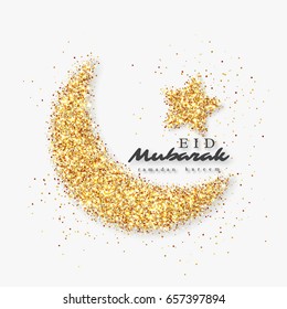 Eid Mubarak glitter holiday design with glowing lights. White color background. Vector illustration.