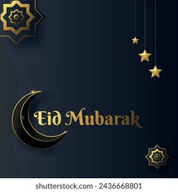 Eid Mubarak glow card with beautiful moon, stars. Vector illustration