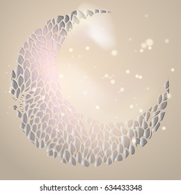 Eid Mubarak with Glow Gold Floral Pattern on Crescent. Gold moon vector illustration. Ramadan greetings