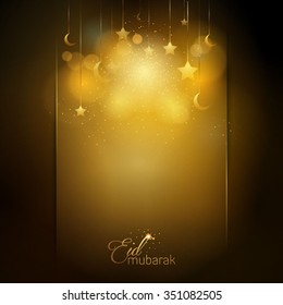 Eid Mubarak glow star and islamic crescent greeting card background - Translation of text : Eid Mubarak - Blessed festival