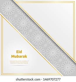 Eid Mubarak with glowing golden frame and moroccan pattern for background. Suitable for greeting card or banner.