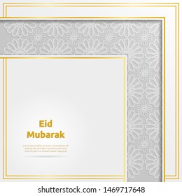 Eid Mubarak with glowing golden frame and moroccan pattern for background. Suitable for greeting card or banner.