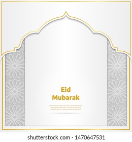 Eid Mubarak With Glowing Golden Frame And Moroccan Pattern For Background. Suitable For Greeting Card Or Banner.