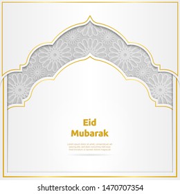 Eid Mubarak with glowing golden frame and moroccan pattern for background. Suitable for greeting card or banner.