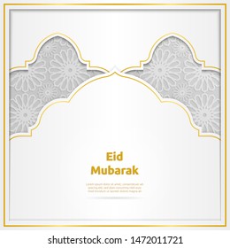 Eid Mubarak mit leuchtendem goldenen Rahmen und marokkanischem Muster für Hintergrund. Geeignet für Grußkarten oder Banner.