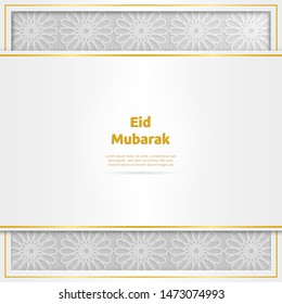 Eid Mubarak with glowing golden frame and moroccan pattern for background. Suitable for greeting card or banner.