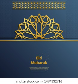 Eid Mubarak with glowing golden frame and moroccan pattern for background. Suitable for greeting card or banner.