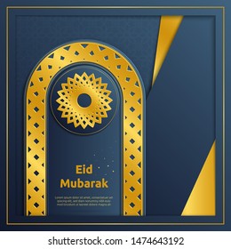 Eid Mubarak with glowing golden frame and moroccan pattern for background. Suitable for greeting card or banner.