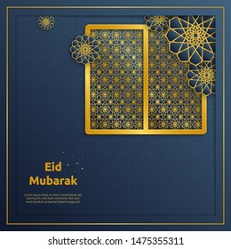 Eid Mubarak with glowing golden frame and moroccan pattern for background. Suitable for greeting card or banner.