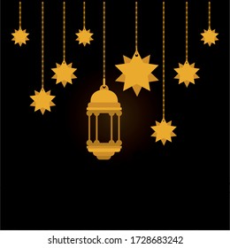 Eid mubarak gold hanger lantern and stars design, Islamic religion and culture theme Vector illustration