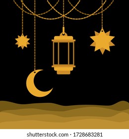 Eid mubarak percha de oro luna de linterna y diseño de estrellas, religión islámica y cultura Tema Vector ilustración