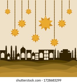 Eid mubarak gold hanger stars and city buildings design, Islamic religion and culture theme Vector illustration
