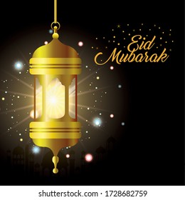 Eid mubarak gold lantern with stars shining design, Islamic religion culture and belief theme Vector illustration