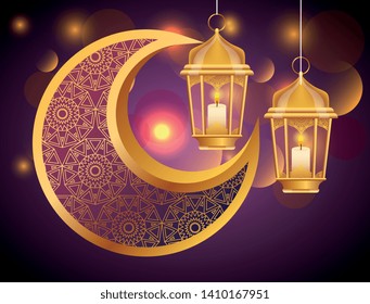 Eid mubarak gold moon and handing lamps on brightly background banner vector editable illustration