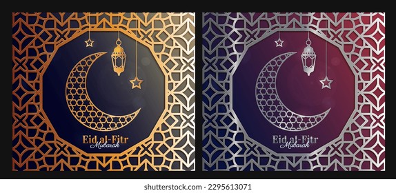 Eid Mubarak gold and silver set. Collection of Ramadan greeting postcards with crescent. Islamic traditions, religion and culture. Realistic flat vector illustrations isolated on black background