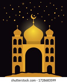 Eid mubarak gold temple with moon and stars design, Islamic religion and culture theme Vector illustration