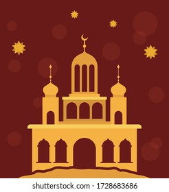 Eid mubarak gold temple with moon and stars design, Islamic religion and culture theme Vector illustration