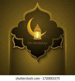 Eid Mubarak Golden Background with Masjid Gate, Golden Crescent Moon, Islamic Lantern Lamp and Arabic Pattern.
