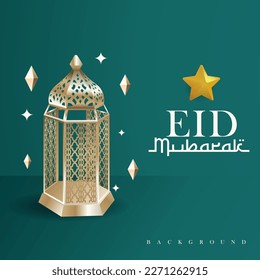 Eid Mubarak Golden Lantern vector Illustration Background Green Color