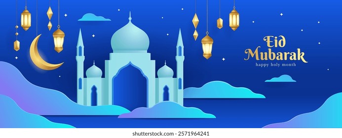 Eid Mubarak: Golden Lanterns and Crescent Moon with Majestic Mosque