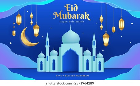 Eid Mubarak: Golden Lanterns and Crescent Moon with Majestic Mosque