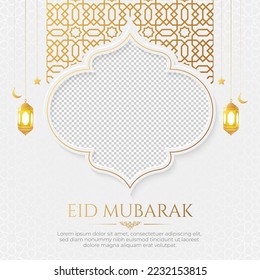 Eid Mubarak Golden Luxury Islamic Social Media Post with Arabic Style Pattern and Photo Frame