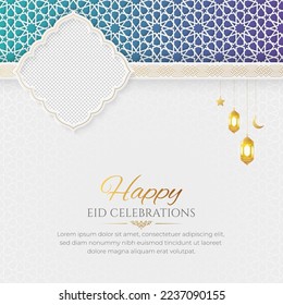 Eid Mubarak Golden Luxury Islamic Social Media Post with Arabic Style Pattern and Photo Frame